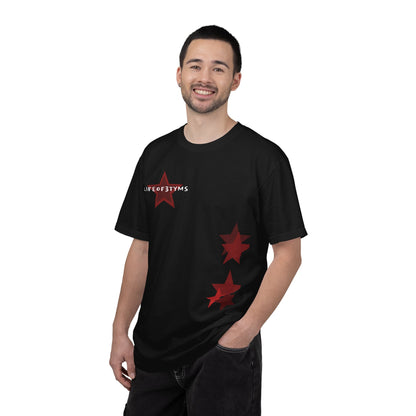 Star Accent T-Shirt — Red Graphic Stars Chest & Hip Print