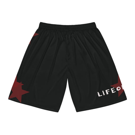 Basketball Shorts - Black Red Star Athletic AOP with "LIFE0F3TYMS" Accent