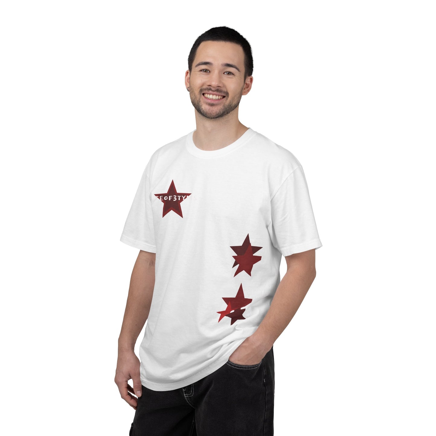 Star Accent T-Shirt — Red Graphic Stars Chest & Hip Print
