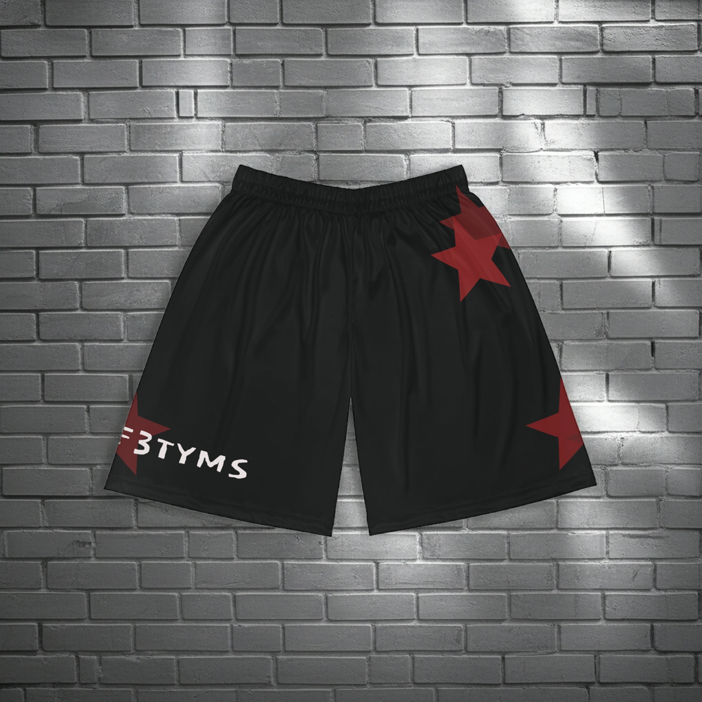 Basketball Shorts - Black Red Star Athletic AOP with "LIFE0F3TYMS" Accent