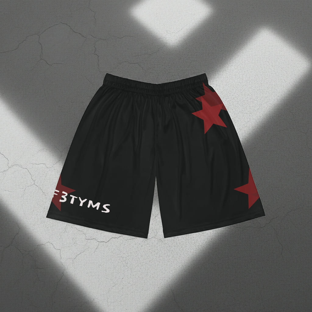 Basketball Shorts - Black Red Star Athletic AOP with "LIFE0F3TYMS" Accent